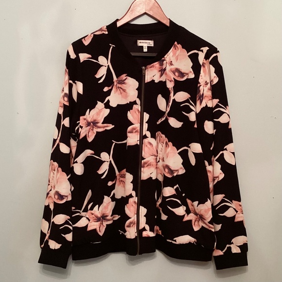 NWOT~Monteau~Black Floral Bomber Jacket~Front Zip~ Lightweight~Size L - Picture 6 of 11